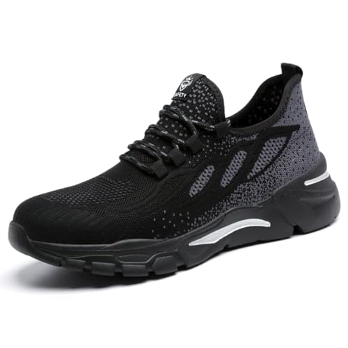 HYCOPROT Sicherheitsschuhe Herren Damen Stahlkappe Sneaker Leicht Atmungsaktiv Arbeitsschuhe Stahlkappenschuhe Rutsch und Stichfest Sportlich Schutzschuhe (Schwarz, Numeric_45) von HYCOPROT
