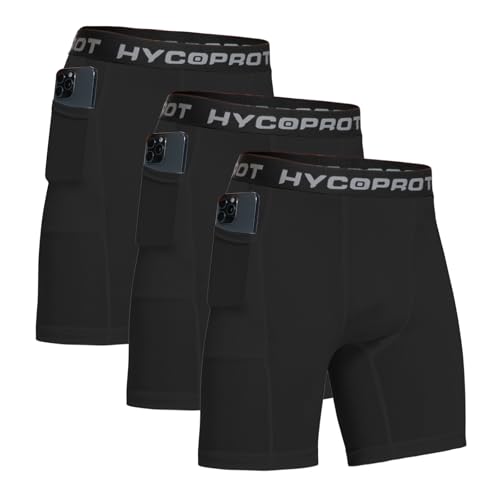 HYCOPROT Herren Kompressionsshorts, Schnelltrocknendes Baselayer Unterhose Kurz Laufunterwäsche Atmungsaktive Tights mit Taschen Funktionsunterwäsche Fußball Radlerhose （Schwarz, M） von HYCOPROT