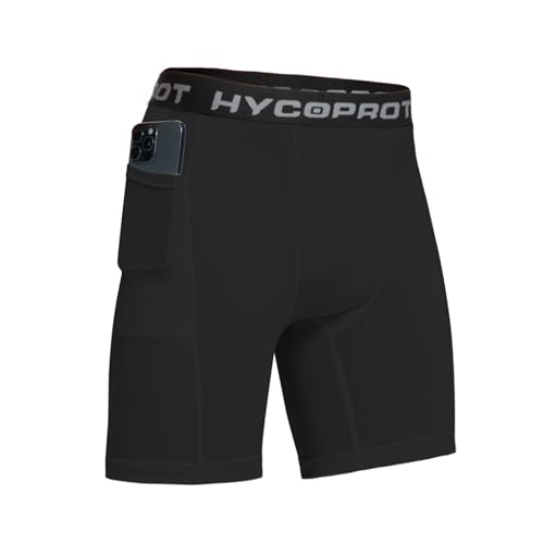 HYCOPROT Herren Kompressionsshorts, Schnelltrocknendes Baselayer Unterhose Kurz Laufunterwäsche Atmungsaktive Tights mit Taschen Funktionsunterwäsche Fußball Radlerhose （Schwarz, M） von HYCOPROT