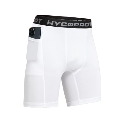 HYCOPROT Herren Kompressionsshorts, Schnelltrocknendes Baselayer Unterhose Kurz Laufunterwäsche Atmungsaktive Tights mit Taschen Funktionsunterwäsche Fußball Radlerhose （Weiß, L） von HYCOPROT