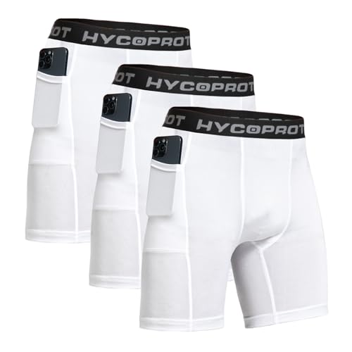 HYCOPROT Herren Kompressionsshorts, Schnelltrocknendes Baselayer Unterhose Kurz Laufunterwäsche Atmungsaktive Tights mit Taschen Funktionsunterwäsche Fußball Radlerhose （Weiß, L） von HYCOPROT