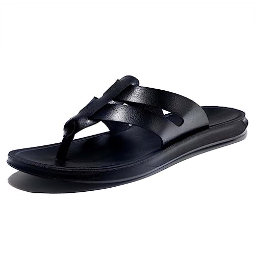 HYDLONGR Herren Damen Sommer Leder Obermaterial Gummisohle Wandern Flip Flops Strand Pantoffeln Thong Sandalen Black 45 EU von HYDLONGR