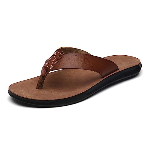 HYDLONGR Herren Damen Sommer Leder Obermaterial Gummisohle Wandern Flip Flops Strand Pantoffeln Thong Sandalen Khaki 43 EU von HYDLONGR