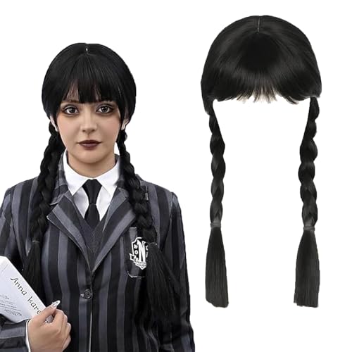 HYDTQCL Addams Perücke für Kinder, Schwarze Geflochtene Perücken, Perücken mit Pony Zopf, Gothic Kostüm Lange Zöpfe Perücken mit Bangs für Cosplay Party Fasching Karneval Halloween von HYDTQCL