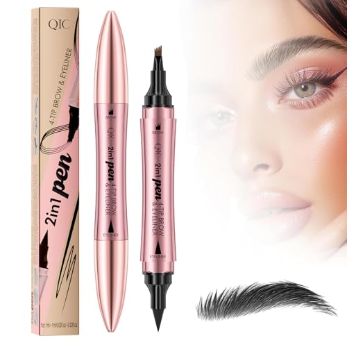 2 in 1 Magischer Augenbrauenstift - 3D Microblading, Wasserfest, Langlebig, Natürlich, Feiner (Black+Black) von HYDTQCL