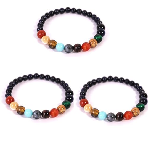 HYEIUIRA 3 Stück Set Sonnensystem Armbänder, 9 Planeten Armband Sonnensystem Armband Naturstein Perlen Armband Strang Stretch Link Verstellbarer Armreif für Geschenke Uni, Einheitsgröße, Edelstahl von HYEIUIRA