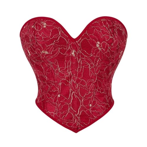 HYFEUOKF Corsage Bustier Rotes Korsett Crop Top Frauen Brokat Overbust Bustiers Lace Up ohne Knochen Body Shaper Short Fur Corsage(S) von HYFEUOKF