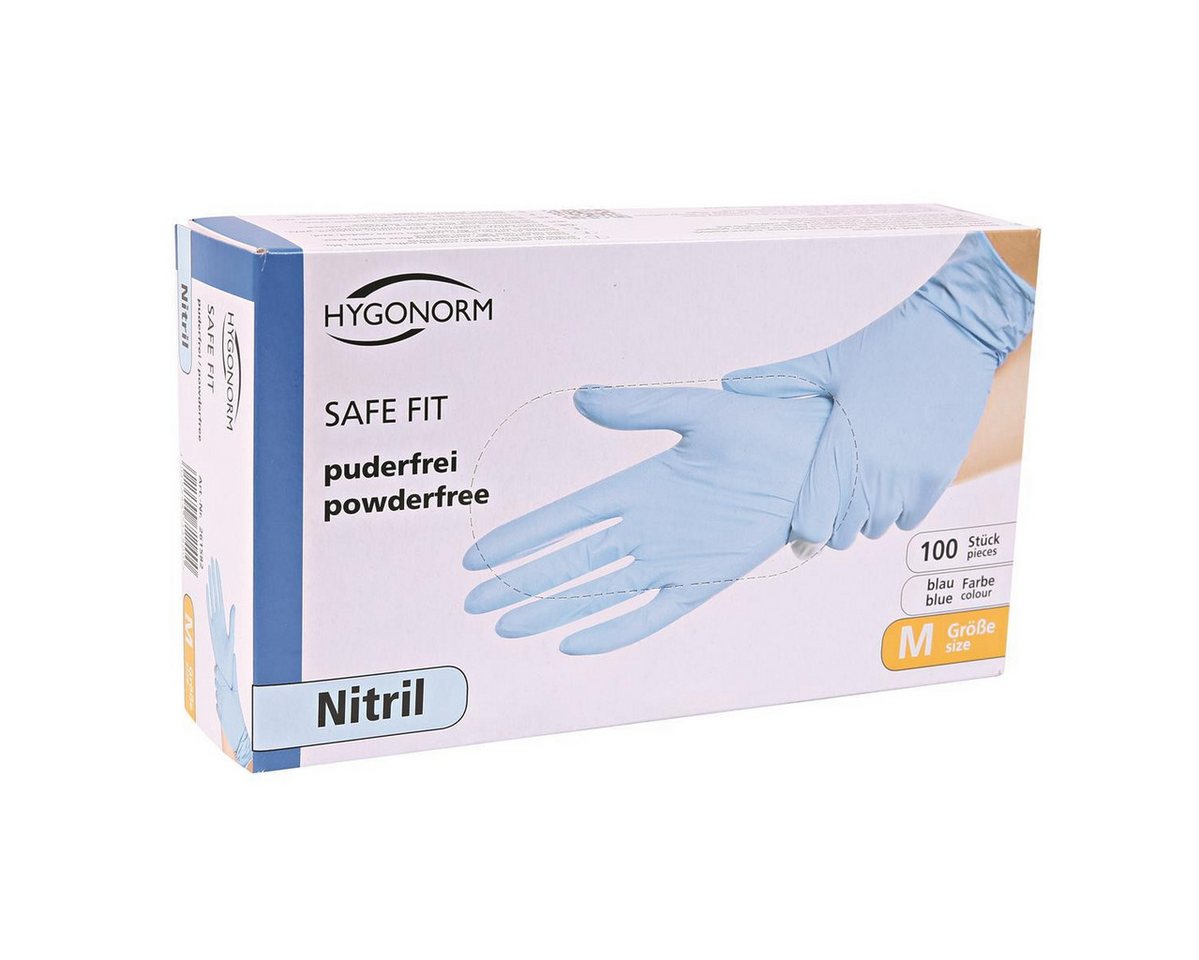 HYGONORM Baumwollhandschuhe 261582 Nitrilhandschuhe Safe Fit blau Gr. 8/M puderfrei Spenderbox 100 von HYGONORM