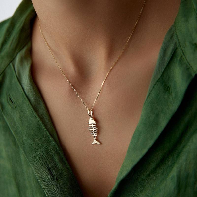 14 K Solid Gold Designer Fishbone Halskette Mit Hochwertigem Zirkon, Einzigartiges Geschenk Für Sie von HYGoldJewelry