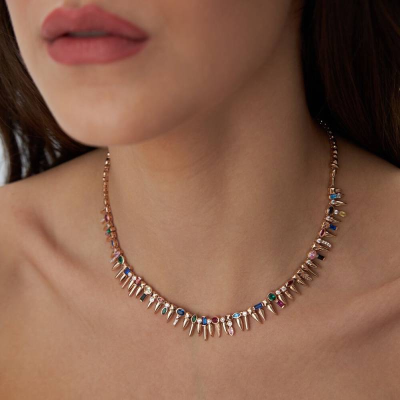 14 K Solid Rose Gold Designer Halskette Mit Saphir, Smaragd, Rubin, Türkis Und Amethist, Sommerkette von HYGoldJewelry