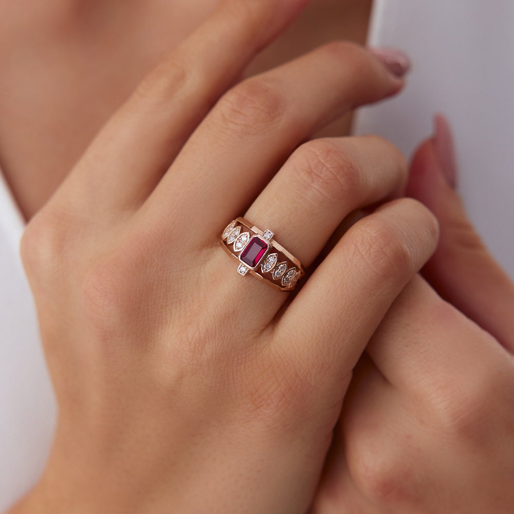 14K Gold Rubin Krone Ring | Solid Rot Statement Ringe Für Frauen Rose Band Diamant Sie von HYGoldJewelry