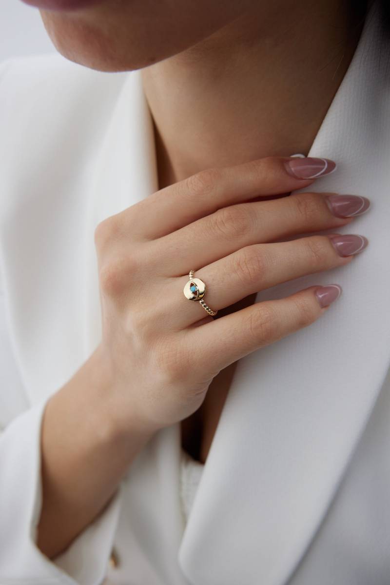14K Gold Türkis Evil Eye Ring Zierlicher Viel Glück Schmuck von HYGoldJewelry