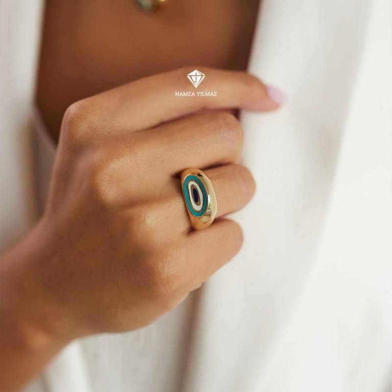 14K Solid Gold Blau Weiß Türkis Bunter Auge Ring Mit Emaille, Gelb Phosphor Zierliches Alltagsgeschenk Für Sie von HYGoldJewelry