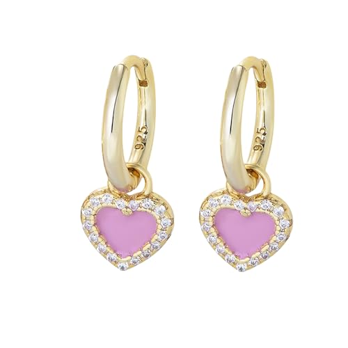 HYHJYMG 925 Sterling Silber Ohrringe, rosa Herz Stopper Ohrringe für Frauen, funkelnde Zirkonia die dangly Ohrringe, Goldhuggies Tropfen Ohrringe, Schmuckgeschenk zum Valentinstag von HYHJYMG