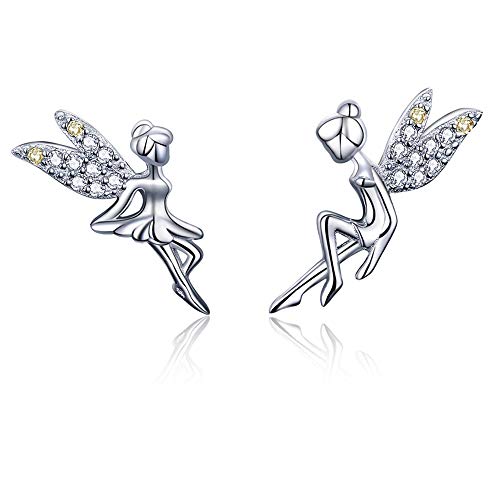 HYHJYMG CZ Fairy Stud Ohrringe für Frauen Mädchen S925 Sterling Silber-Silber-Tone Asymmtric Zwei-Tone Kubikzirkonia Kristall Tinkerbell Engel Wings Tiny Stud Hypoallergenic Jewelry Geschenke für von HYHJYMG