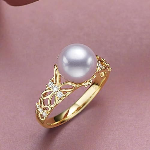 HYHJYMG Gold weiße Muschel Schmetterling Perlenring - Natural Süßwasserperle - Iris offener Ring für Frauen & jugendliche Mädchen - Trendy niedlicher Strass - Prom Hochzeit Schmuckgeschenk von HYHJYMG