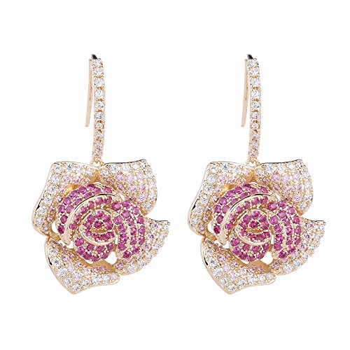 HYHJYMG Huggie Cz Blume Dangle Stud Ohrringe für Frauen Mädchen mit Charms Mode Luxus -Pflaster -Strass -Strass -Filigree Camellia Rose Clean Crystal Drop Hangeln von HYHJYMG