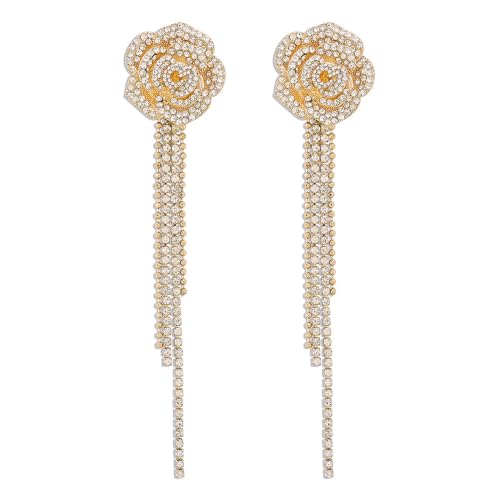 HYHJYMG Langkristallblume Quasten Tropfen Dangle Ohrringe für Frauen Mädchen Kubikzirkonia Hypoallergen glänzende Rose Camellia Fringe Ball Kette Statement Zauberer Ohrring übertrieben Modiendien von HYHJYMG