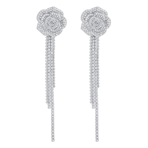 HYHJYMG Langkristallblume Quasten Tropfen Dangle Ohrringe für Frauen Mädchen Kubikzirkonia Hypoallergen glänzende Rose Camellia Fringe Ball Kette Statement Zauberer Ohrring übertrieben Modiendien von HYHJYMG