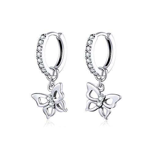 HYHJYMG Niedlicher CZ Schmetterling Dangle Hoop Ohrringe für Frauen S925 Sterling Silber mit Charms Huggie Hoops Crystal Drop Knorpel filigraner Schmuck zarter Mode Zier für Dauther von HYHJYMG