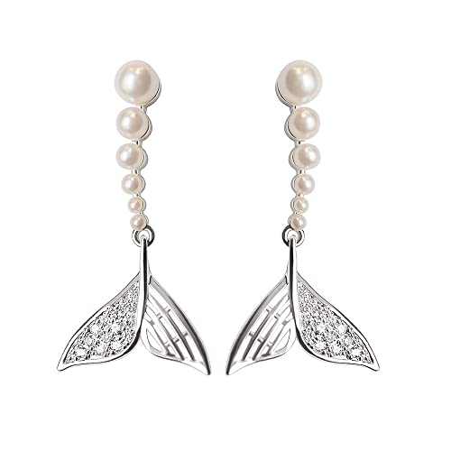 HYHJYMG Pearl Meerjungfrau Schwanz Hütten Ohrringe für Frauen Mädchen 925 Sterling Silber Kubikzirkonia Shell Perlen Drop Ocean Fishtail Charms baumeln von HYHJYMG