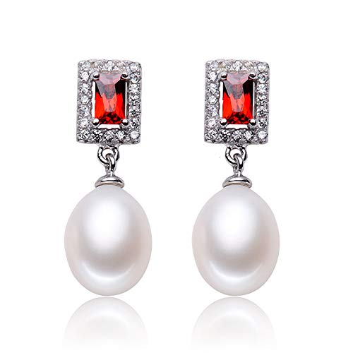 HYHJYMG Perlenohrringe 925 Ohrringe Square Style Red Zirkon natürliche Perlen Frauen Modeschmuckzubehör von HYHJYMG