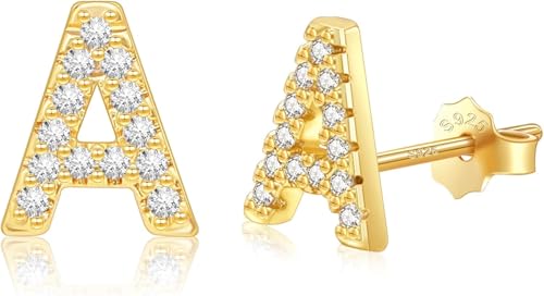 HYHJYMG S925 Hypoallergenic Flatback -Bolzenohrringe für Frauen | 14k Gold/Weißgold -Buchstaben Ohrringe mit Zirkonia | Zögernder Tragusschmuck für Alltag, Hochzeiten und Geschenke (AZ) von HYHJYMG