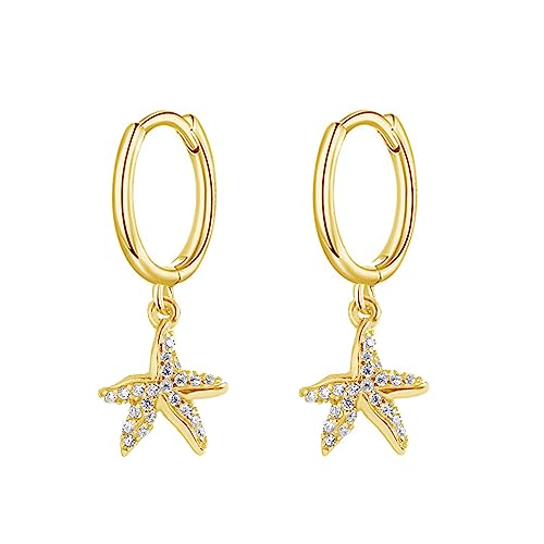 HYHJYMG Zögere Seestern -Reifen Ohrringe für Frauen 925 Sterling Silber Kubikzirkonia kleiner Stern Dangle Drop Huggie Hoops Knorpel hypoallergen niedliche Ozean Strandfeiertagsfeiern Schmuck von HYHJYMG