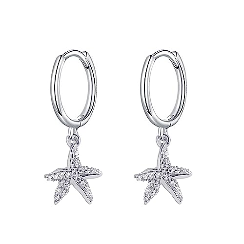 HYHJYMG Zögere Seestern -Reifen Ohrringe für Frauen 925 Sterling Silber Kubikzirkonia kleiner Stern Dangle Drop Huggie Hoops Knorpel hypoallergen niedliche Ozean Strandfeiertagsfeiern Schmuck von HYHJYMG