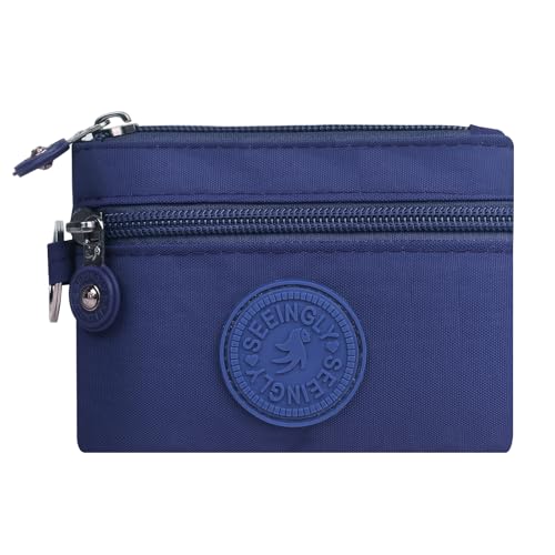 HYJMA Tragbare Münzgeldbörse für Damen, Doppelreißverschluss, kleine Geldbörse, Nylon-Kartenhalter mit Schlüsselanhänger, dunkelblau, 5.1 x 0.5 x 3.7 inches, Casual von HYJMA