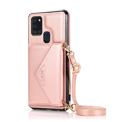 HYKEJI Handykette Handyhülle Kompatibel mit Samsung Galaxy A21S Hülle Reißverschluss Hülle Premium PU Leder Weich TPU Klapphülle Magnetverschluss Kartenfach Geldbörse für Samsung A21S (Rosa,A21S) von HYKEJI