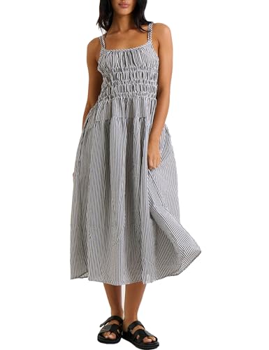 HYLLGUD Damen 2025 Sommer Gestreift Gesmoktes Maxikleid Ärmellos Boho Sommerkleid Doppelträger Flowy Swing für Strandurlaub, Schwarz, Mittel von HYLLGUD