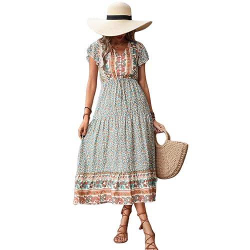 HYMART Kleider Frauen Sommer Boho Kleider Blumen Gegen Nacken Sundress Hochzeit Gastparty Kurzarm Prom Midi Kleid-grün-m HYMART Kleider Frauen Sommer Boho Kleider Blumen Gegen Nacken Sundress Hochzeit Gastparty Kurzarm Prom Midi Kleid-grün-m von HYMART