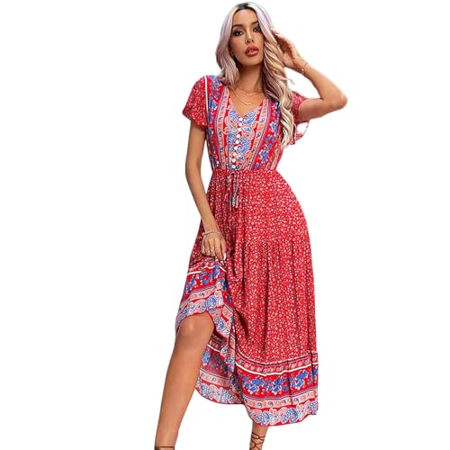 HYMART Kleider Frauen Sommer Boho Kleider Blumen Gegen Nacken Sundress Hochzeit Gastparty Kurzarm Prom Midi Kleid-rot-m HYMART Kleider Frauen Sommer Boho Kleider Blumen Gegen Nacken Sundress Hochzeit Gastparty Kurzarm Prom Midi Kleid-rot-m von HYMART