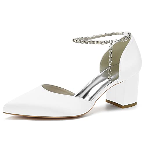 Damen Blockabsatz Knöchelriemchen Hochzeitsschuhe Brautschuhe Spitze Zehe Sommer Pumps,Weiß,38 EU von HYMYSUNY