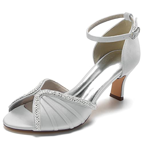 Damen Knöchelriemen Hochzeitsschuhe Elfenbein Peep Zehen Niedrig Absatz Satin Brautschuhe Sandalen,Silber,39 EU von HYMYSUNY