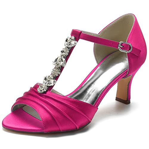 Damen Satin Schnalle Niedrig Absatz Hochzeitsschuhe Sandalen Peep Zehen Party Brautschuhe Mit Strass,Fuchsia,40 EU von HYMYSUNY