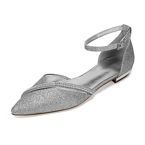 Damen Spitz Zehe Ballerina Flache Schuhe D'orsay Hochzeitsschuhe Flach Abendschuhe Kleid Tanzschuhe,Silber,41 EU von HYMYSUNY