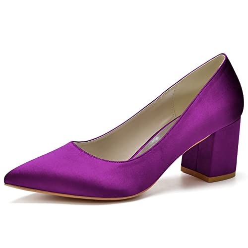 Damen Spitze Zehe Stämmiger Absatz Schlüpfen Auf Hochzeitsschuhe Eleganter Pumps,Lila,43 EU von HYMYSUNY