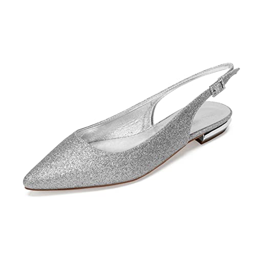 Frauen Slingback Ballerinas Damen Spitz Slingback Flach Kleid Schuhe,Silber,41 EU von HYMYSUNY