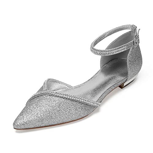 HYMYSUNY Ballerinas Für Damen Flache Absatz Spitze Bling Strass Brautschuhe Glitzer Knöchelriemen Ballett Flache Schuhe,Silber,39 EU von HYMYSUNY