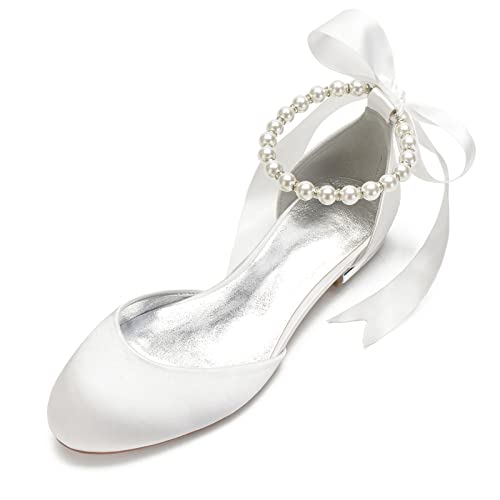 HYMYSUNY Damen Elfenbein Brautschuhe Satin Runde Toe Perle Knöchelriemen Flache Hochzeitsschuhe,Elfenbein,38 EU von HYMYSUNY