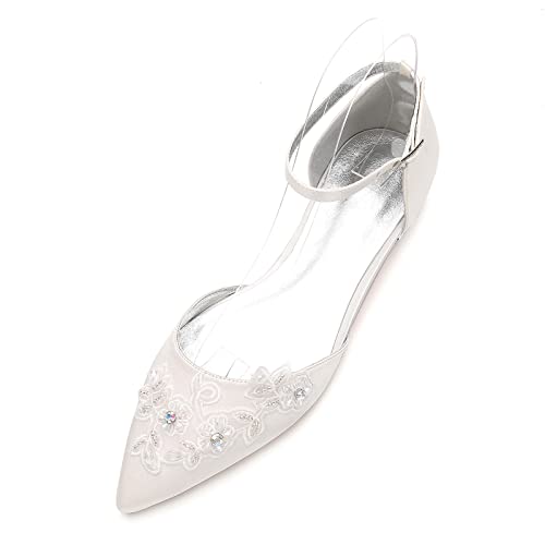 HYMYSUNY Damen Flache Brautschuhe Für Braut Ivory Satin Strass Hochzeitsschuhe Knöchelriemen Spitze Zehen Ballerinas,Elfenbein,41 EU von HYMYSUNY