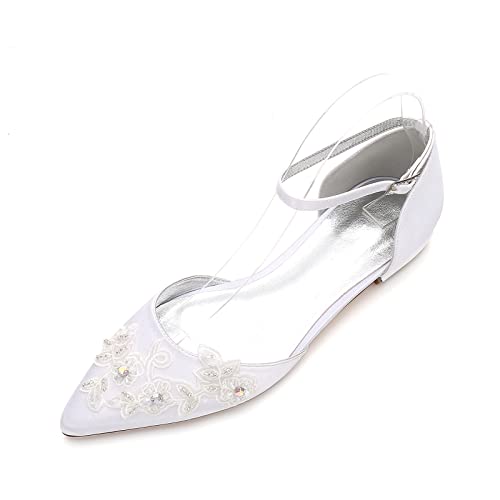 HYMYSUNY Damen Flache Brautschuhe Für Braut Ivory Satin Strass Hochzeitsschuhe Knöchelriemen Spitze Zehen Ballerinas,Weiß,42 EU von HYMYSUNY