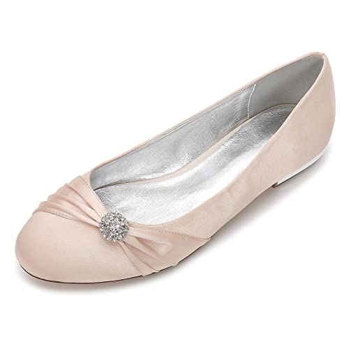 HYMYSUNY Damen Flache Brautschuhe Runde Zehen Ballerinas Mit Strass Satin Slip on Kleid Hochzeitsschuhe,Champagne,42 EU von HYMYSUNY