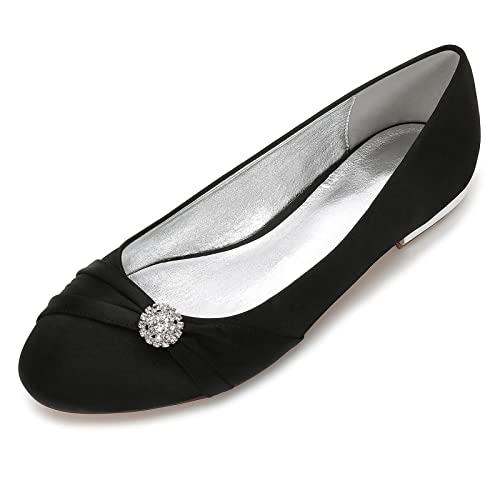HYMYSUNY Damen Flache Brautschuhe Runde Zehen Ballerinas Mit Strass Satin Slip on Kleid Hochzeitsschuhe,Schwarz,41 EU von HYMYSUNY