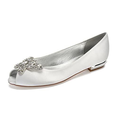 HYMYSUNY Peeptoe Hochzeitsschuhe Flache Elfenbein Pumpen Satin Strass Slip-on Brautschuhe,Elfenbein,44 EU von HYMYSUNY