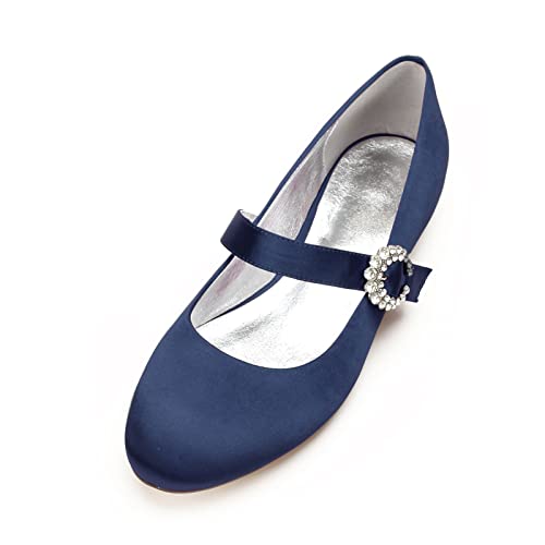 HYMYSUNY Womens Flache Braut Knöchelriemen Schuhe Satin Runde Zehe Hochzeits Pumpen Elfenbein Weißer Ballettwohnungen,Dark Blue,39 EU von HYMYSUNY