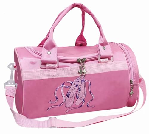 HYOOG Balletttasche für Kleinkinder, Mädchen, rosa Tanztasche für Mädchen von 4–6 Jahren, Ballett-Turnbeutel mit Reißverschlusstasche für Tanzschuhe, Wasserflasche (Ballettschuh-Muster) von HYOOG