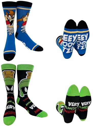 Hyp "Sock Talk" Looney Tunes 2er Pack Herren Socken 2 Paar Tasmanian Devil Taz & Marvin the Martian - Bottom Sole Text: EEY OOF TZ & Very Angry Men's Shoe Size 6-12, Mehrfarbig, 37.5-46 EU von HYP